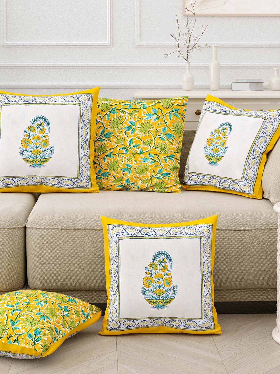 Sangria Blue & Yellow 5 Pieces Ethnic Motif-Printed Pure-Cotton Cushion Covers-image-12