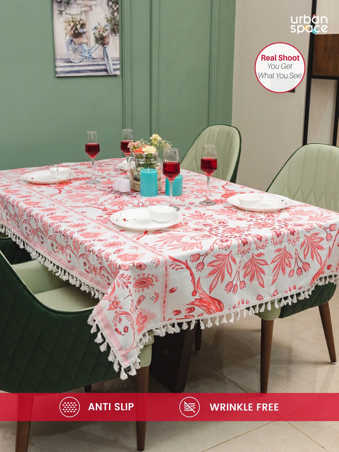 URBAN SPACE Sicilia Pink & White Printed 300 GSM 4-Seater Table Cloth-image-8