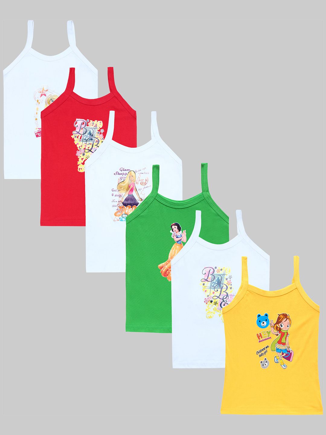 CAREPLUS Girls Pack Of 6 Assorted Barbie Characters Printed Pure Cotton Camisoles