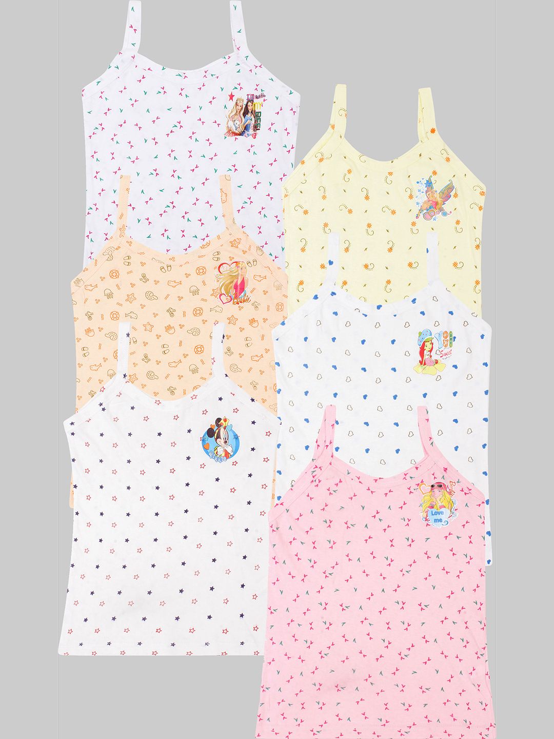 CAREPLUS Girls Pack Of 6 Assorted Cartoon Characters Printed Pure Cotton Camisoles
