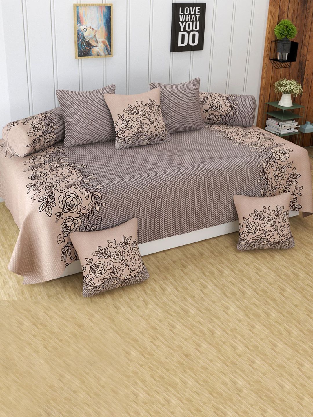 Bajo's Beige & Grey 8 Pieces Printed Pure Cotton Diwan Set