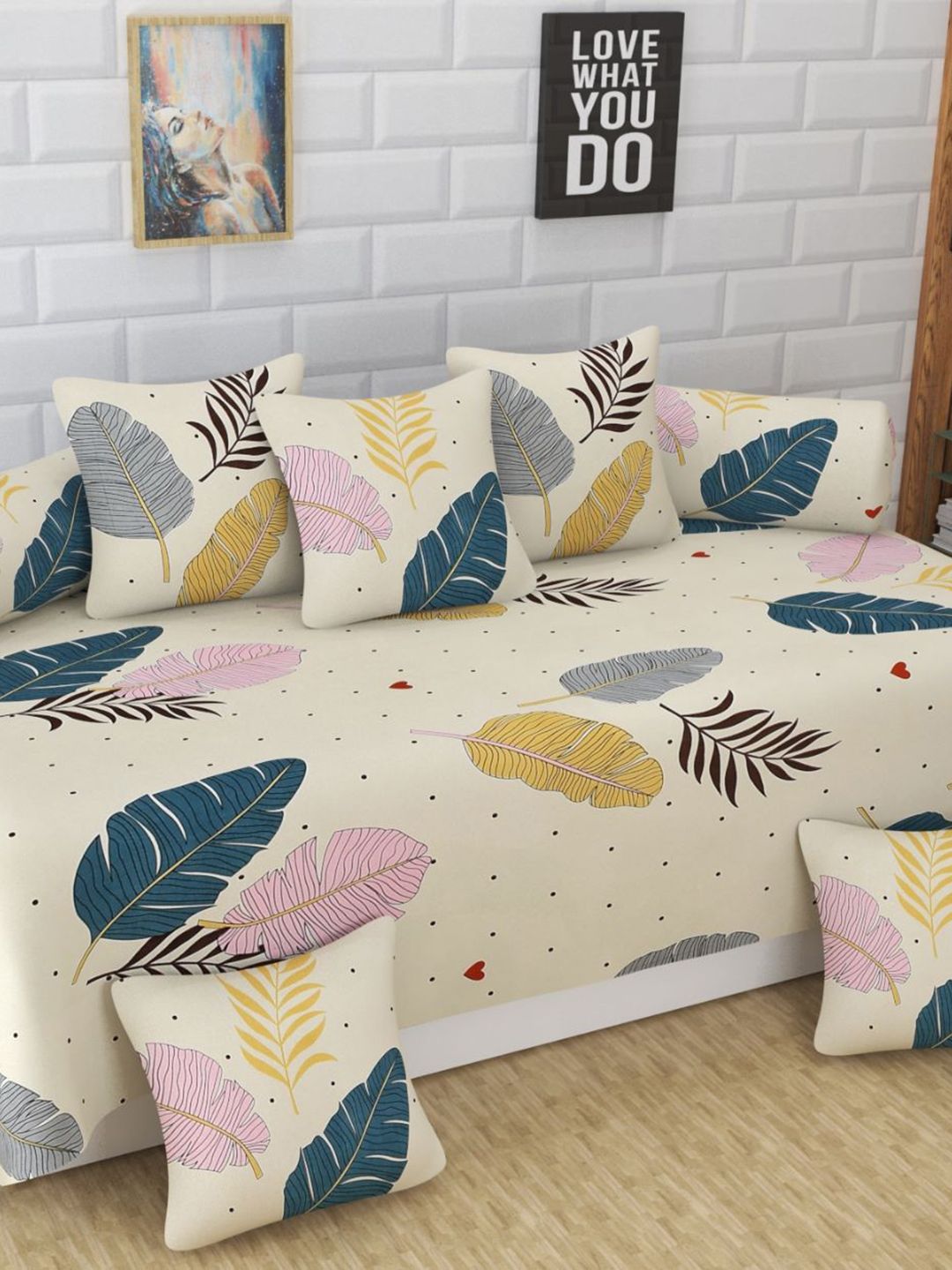 Bajo's Beige & Pink 8 Pieces Printed Diwan Set