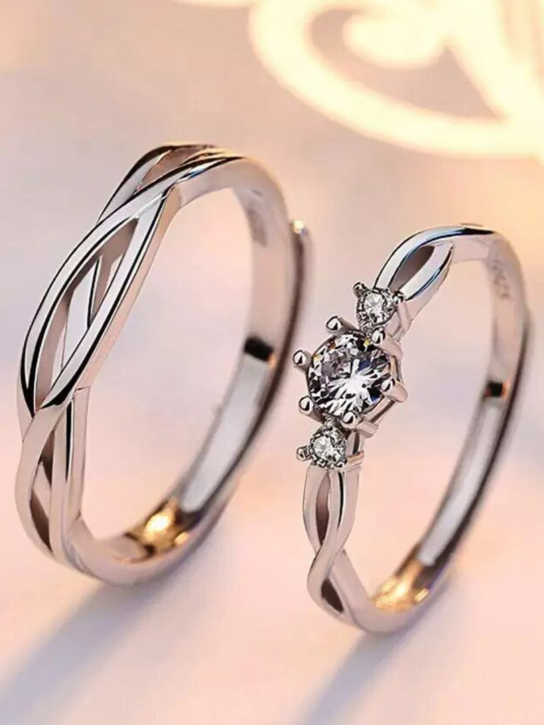 KARISHMA KREATIONS Unisex Set Of 2 Silver-Plated & American Diamond -Studded Couple Ring