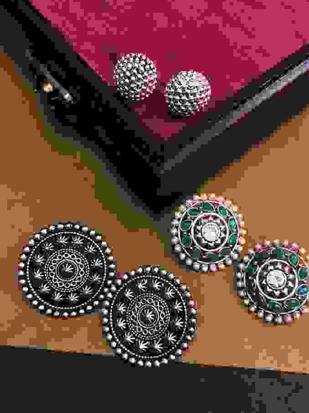 ATIBELLE Set Of 3 German Silver Silver-Plated Contemporary Oxidised Studs Earrings