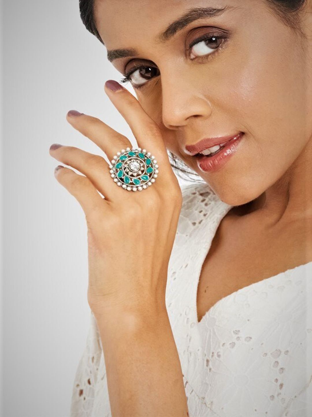 ATIBELLE Set Of 2 Silver-Plated Stone-Studded Finger Rings