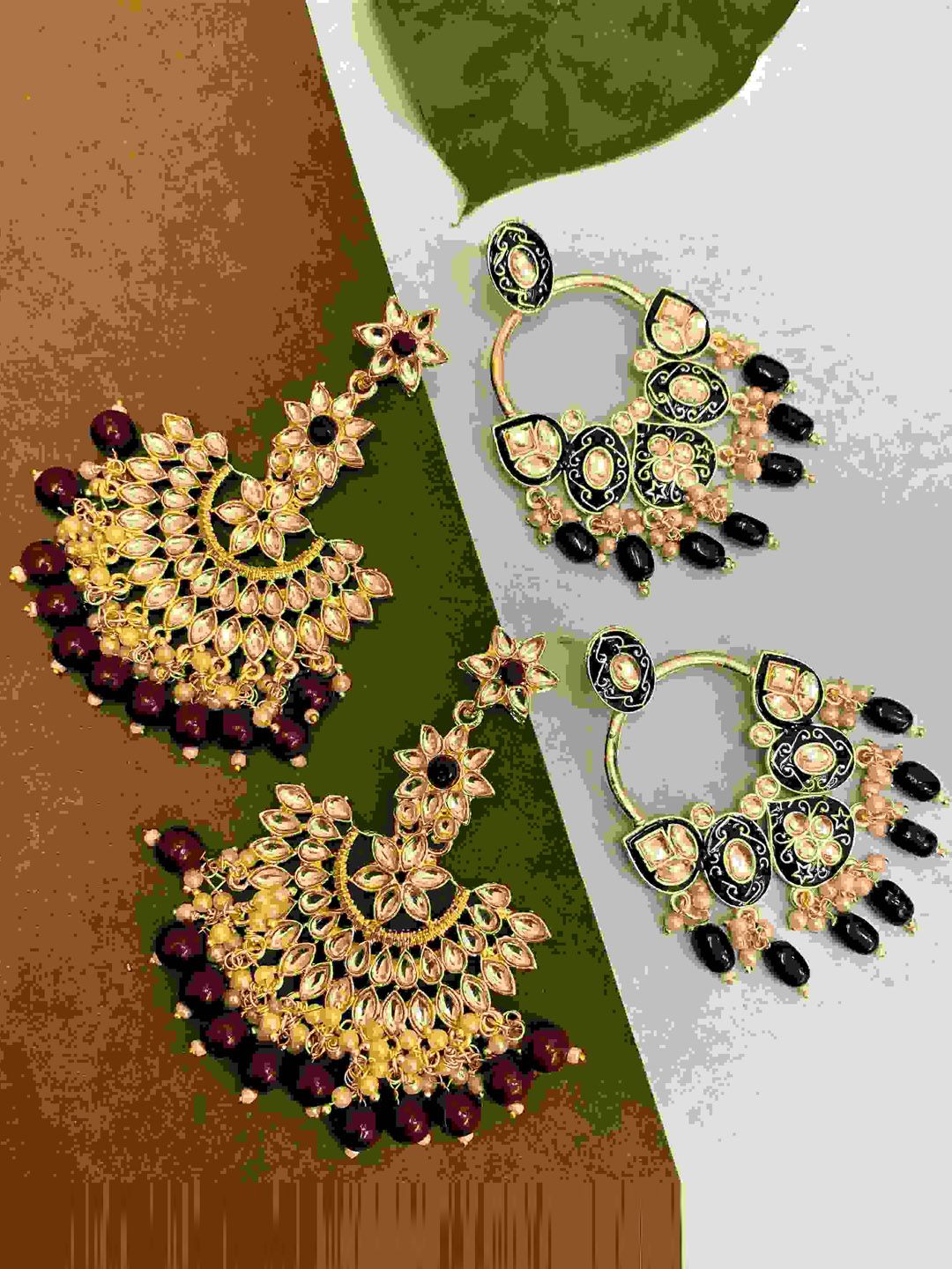 ATIBELLE Set Of 2  Gold-Plated Contemporary Kundan Studded & Beaded Chandbalis