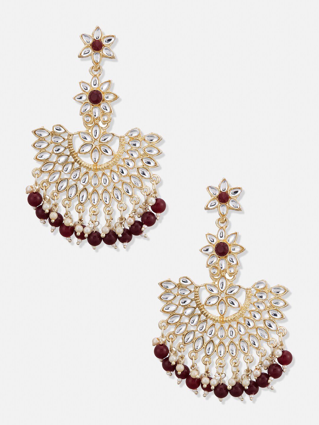 ATIBELLE Set Of 2  Gold-Plated Contemporary Kundan Studded & Beaded Chandbalis