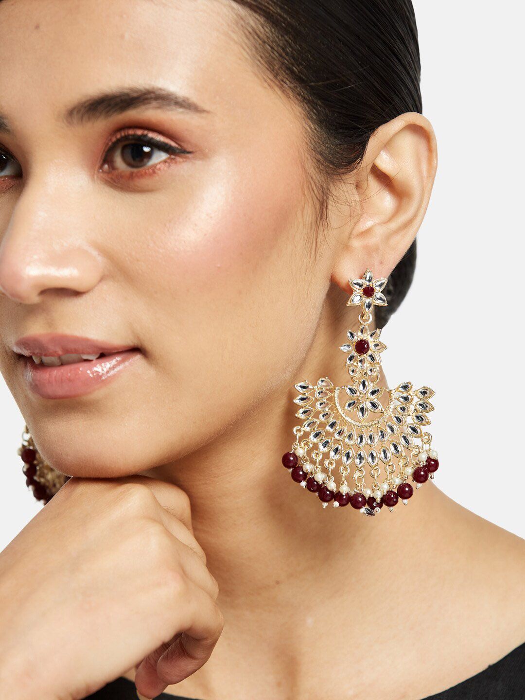 ATIBELLE Set Of 2  Gold-Plated Contemporary Kundan Studded & Beaded Chandbalis
