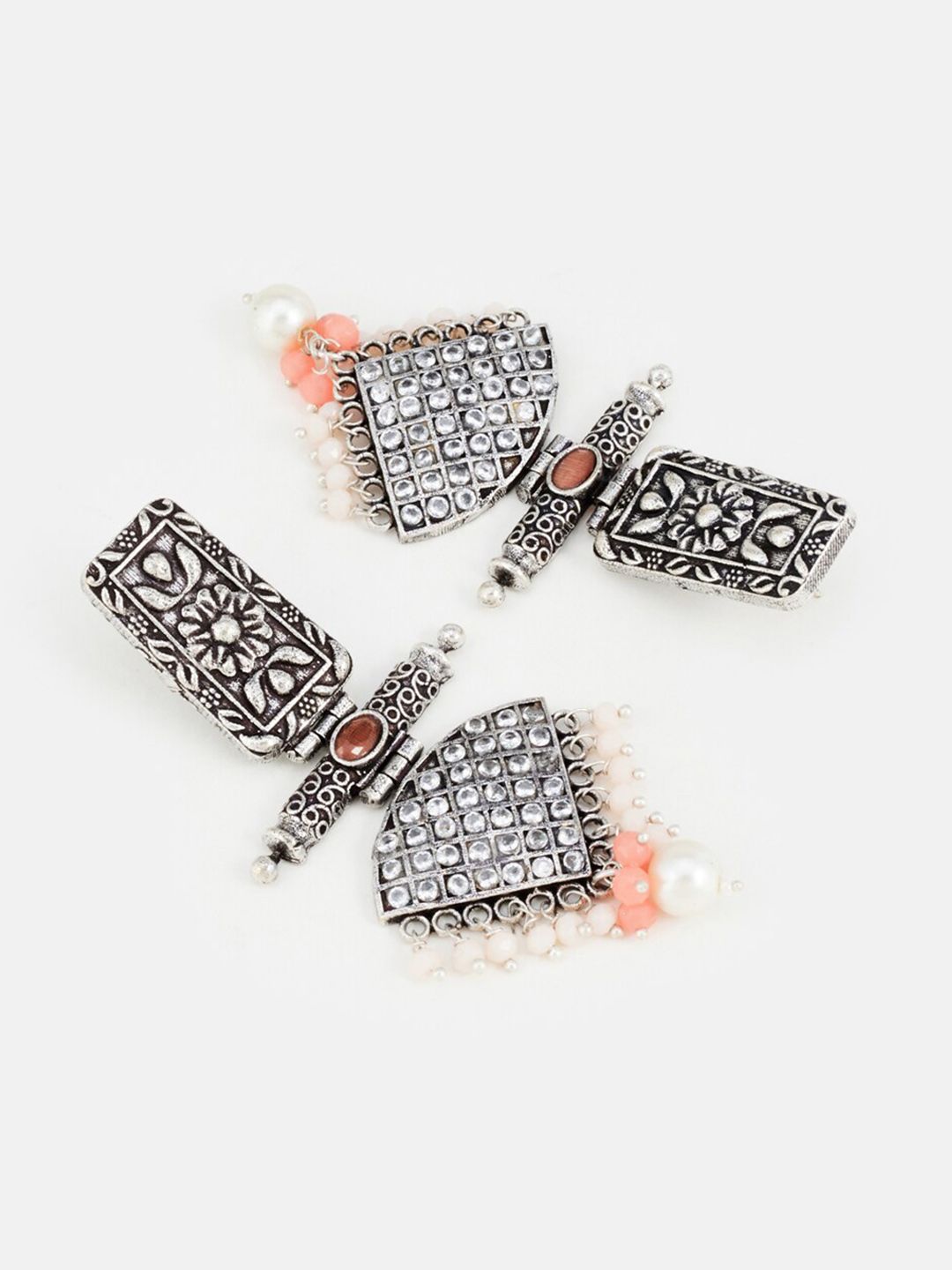 ATIBELLE Silver-Plated Contemporary Cubic Zirconia Studded & Beaded Drop Earrings