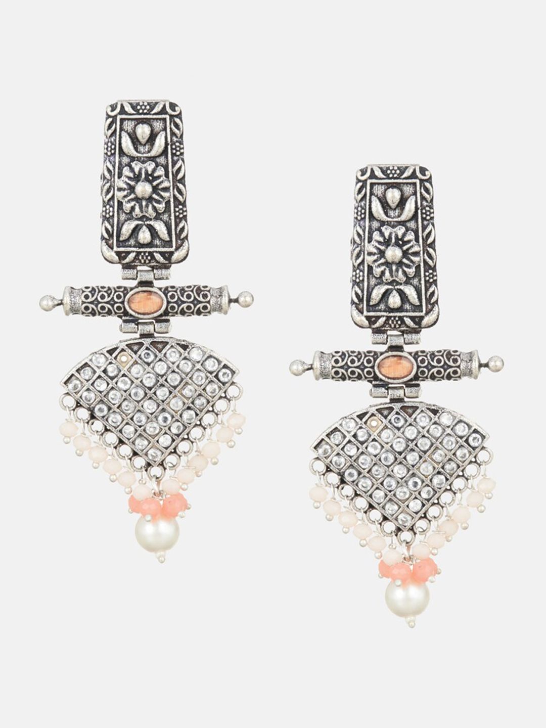 ATIBELLE Silver-Plated Contemporary Cubic Zirconia Studded & Beaded Drop Earrings