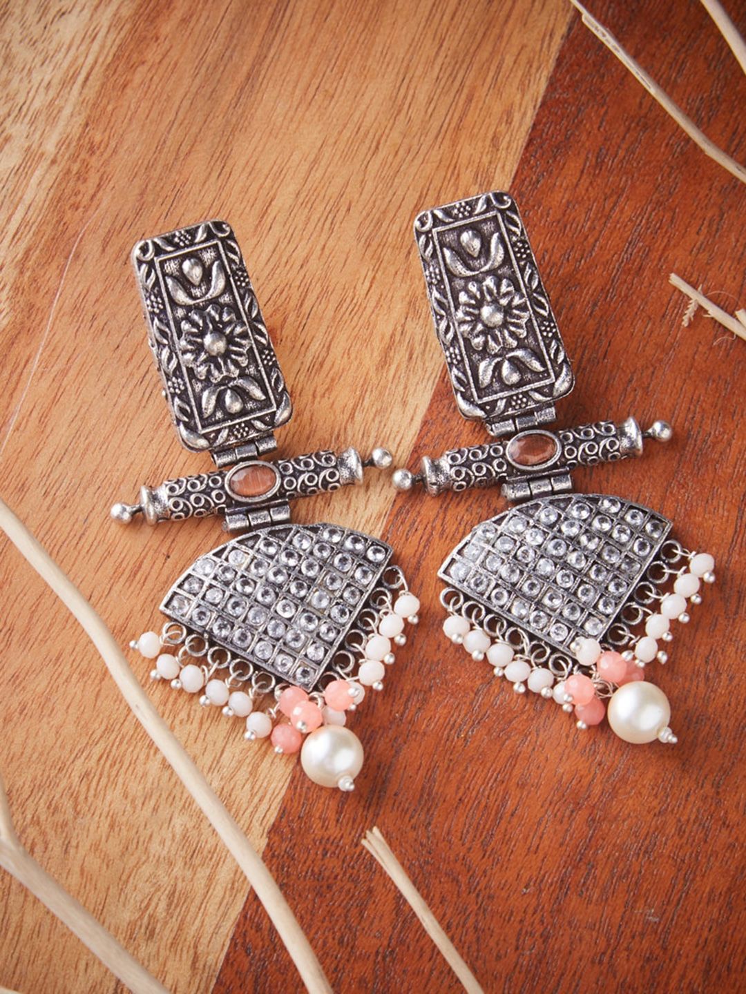 ATIBELLE Silver-Plated Contemporary Cubic Zirconia Studded & Beaded Drop Earrings