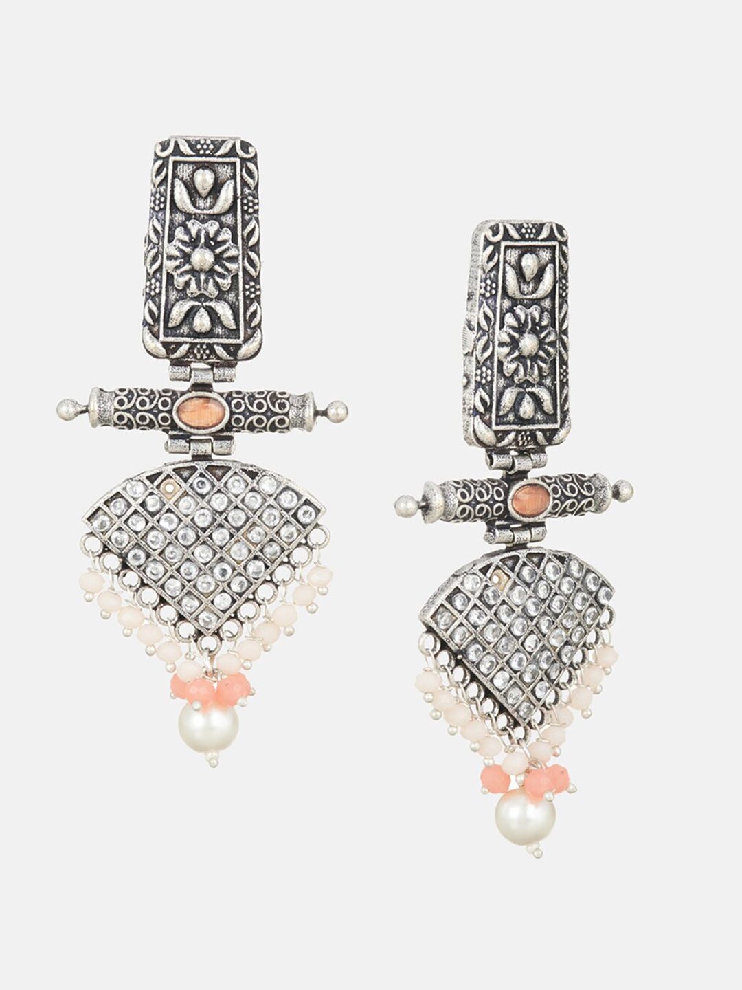ATIBELLE Silver-Plated Contemporary Cubic Zirconia Studded & Beaded Drop Earrings