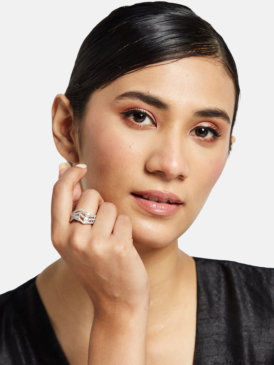 ATIBELLE Set Of 2 Silver-Plated CZ-Studded Adjustable Finger Rings