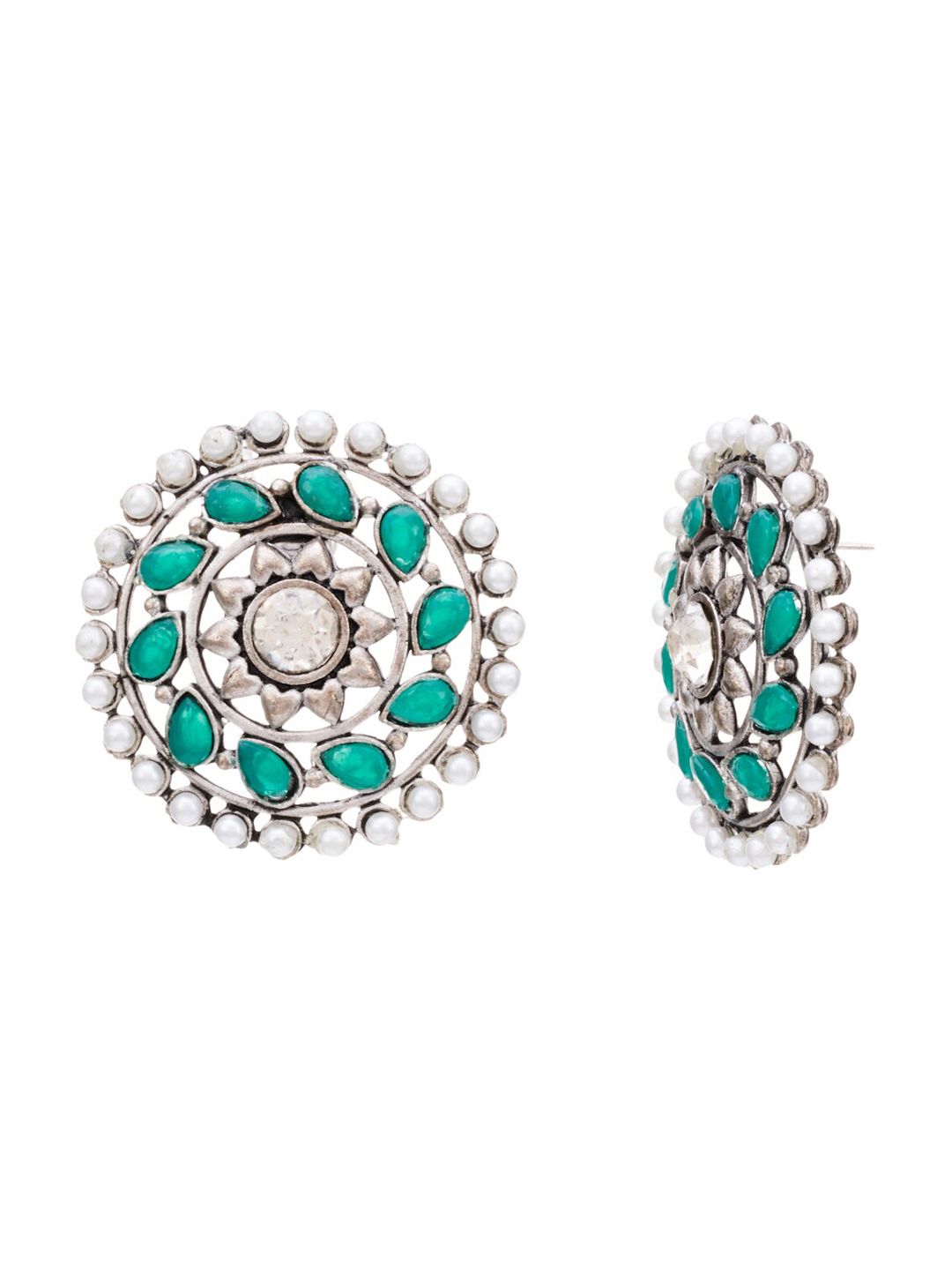 ATIBELLE Set Of 2 Silver-Plated Circular Stone Studs Earrings