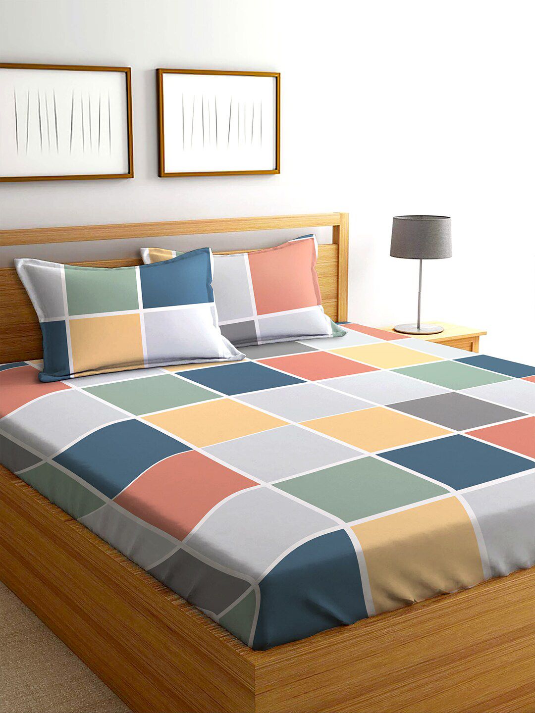 AEROHAVEN Blue & Yellow Printed Cotton 240 TC Queen Bedsheet with 2 Pillow Covers