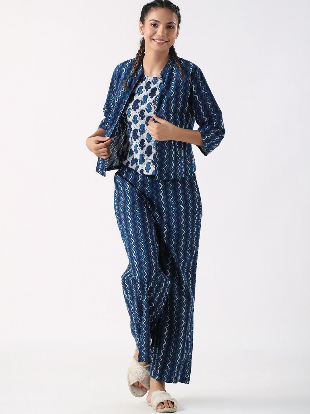 JISORA Blue & White Printed Ethnic Motifs Pure Cotton Night Suit With Shrug-image-35