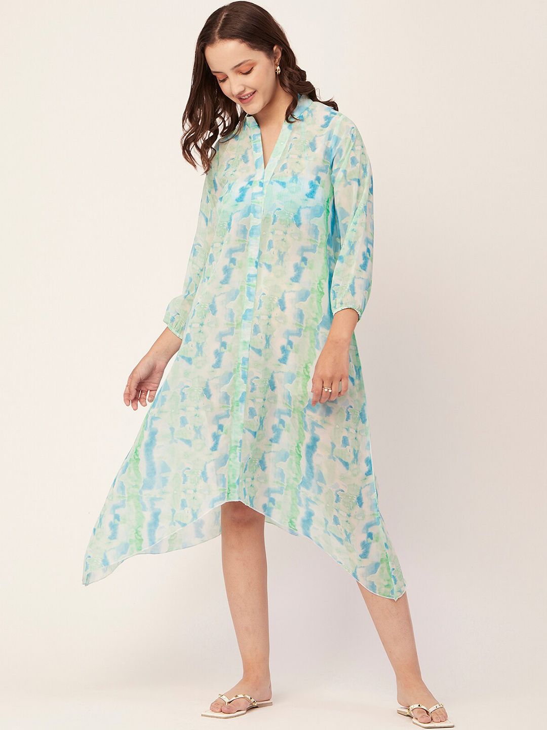 Moomaya Abstract Printed Mandarin Collar Swimwear Cover-Up Top-picture-45