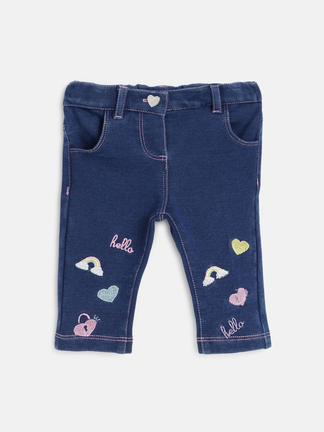 Chicco Infant Girls Mid-Rise Embroidered Comfort Fit Cotton Denim Trousers