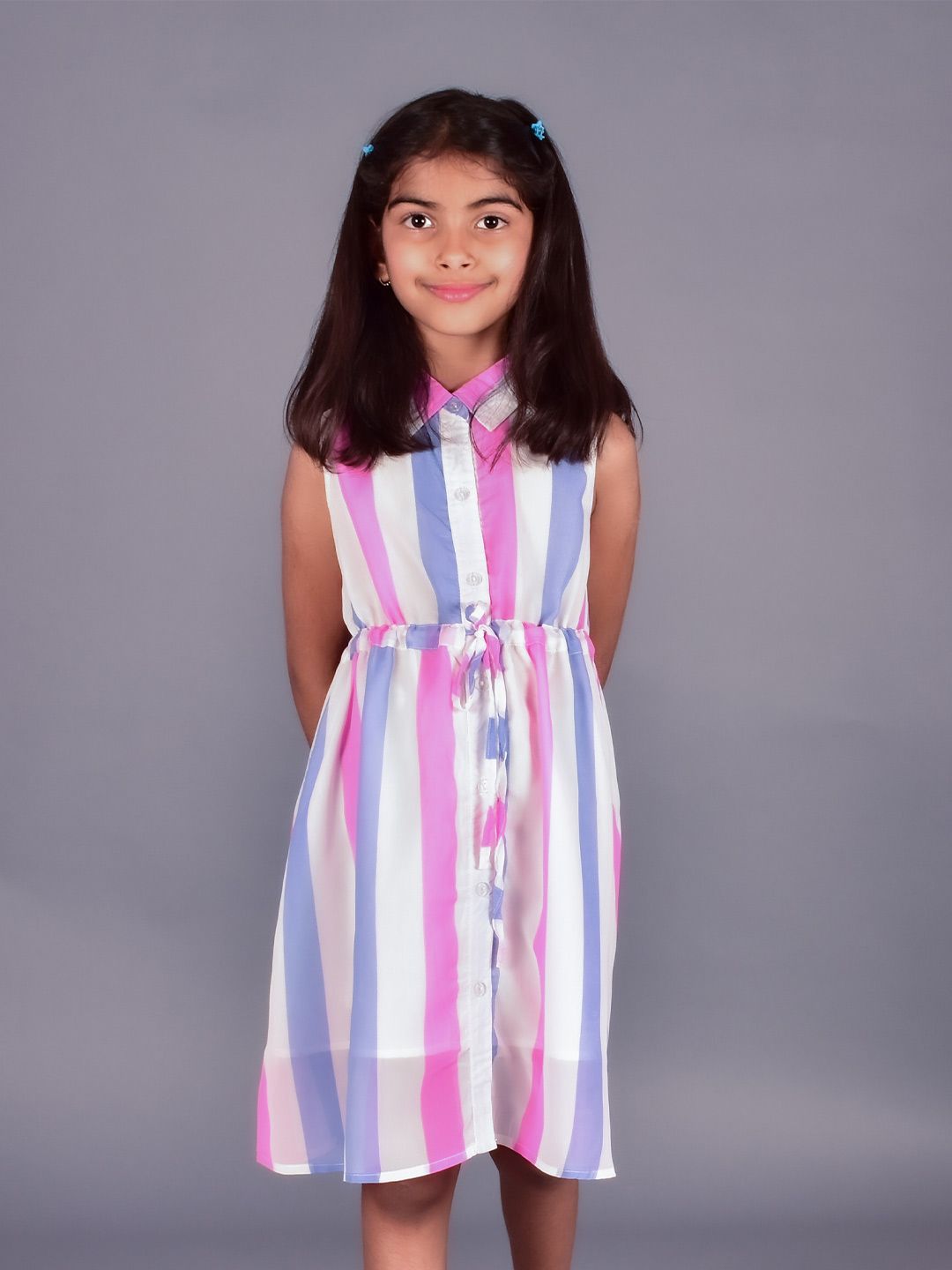 misbis Girls Striped Shirt Collar  Belted Shirt Dress-picture-45