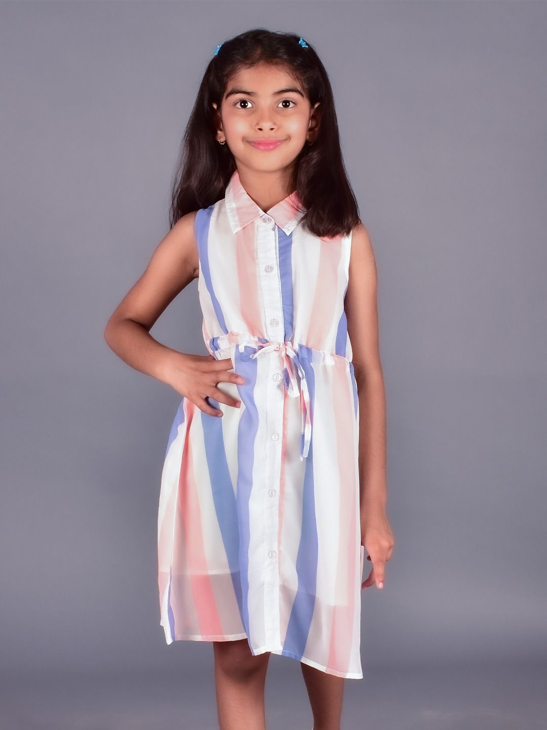 misbis Girls Striped Sleeveless Georgette Shirt Dress-picture-40