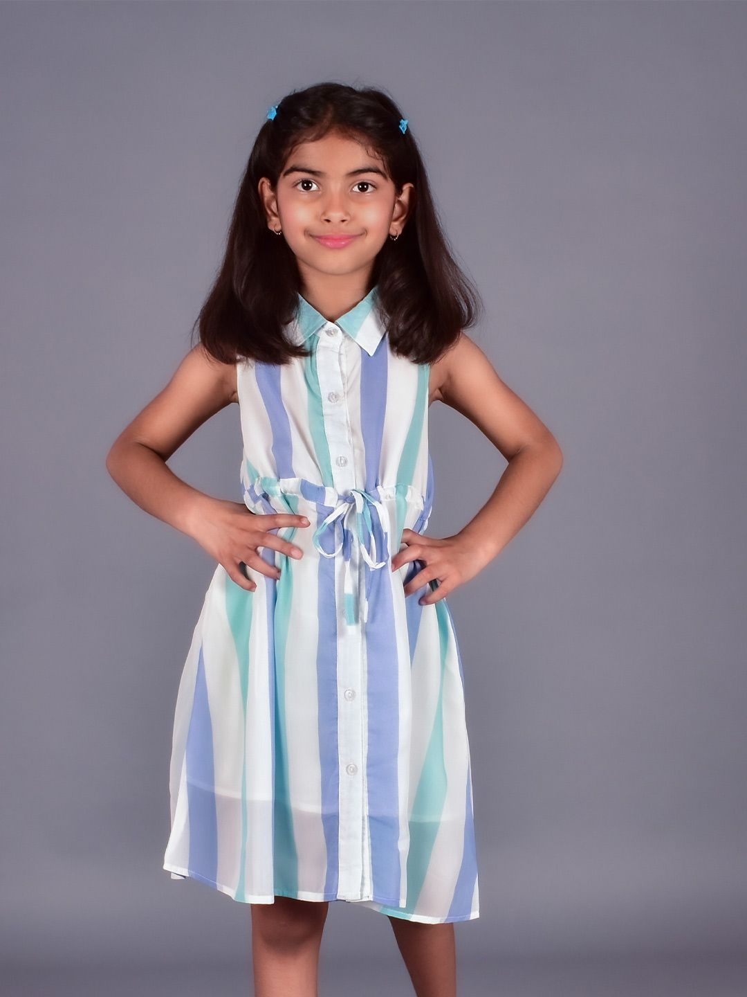 misbis Girls Striped Sleeveless Georgette Shirt Dress-picture-52