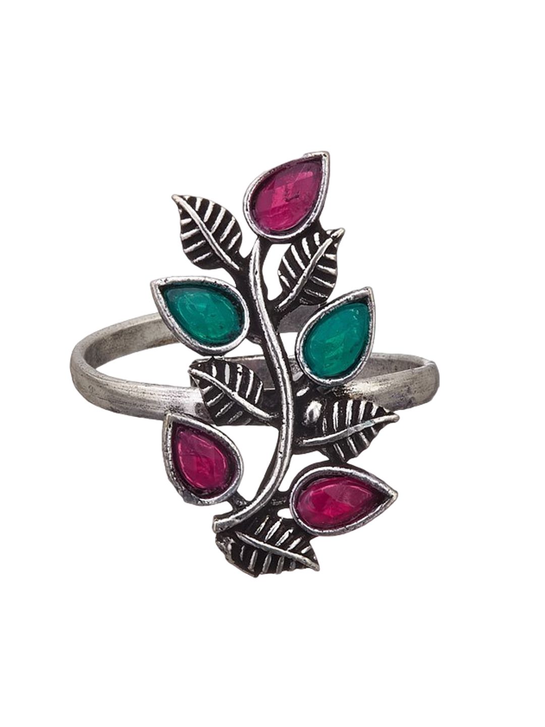 ATIBELLE  Set of 2 Silver Plated Stone-Studded Floral Shaped Adjustable Rings