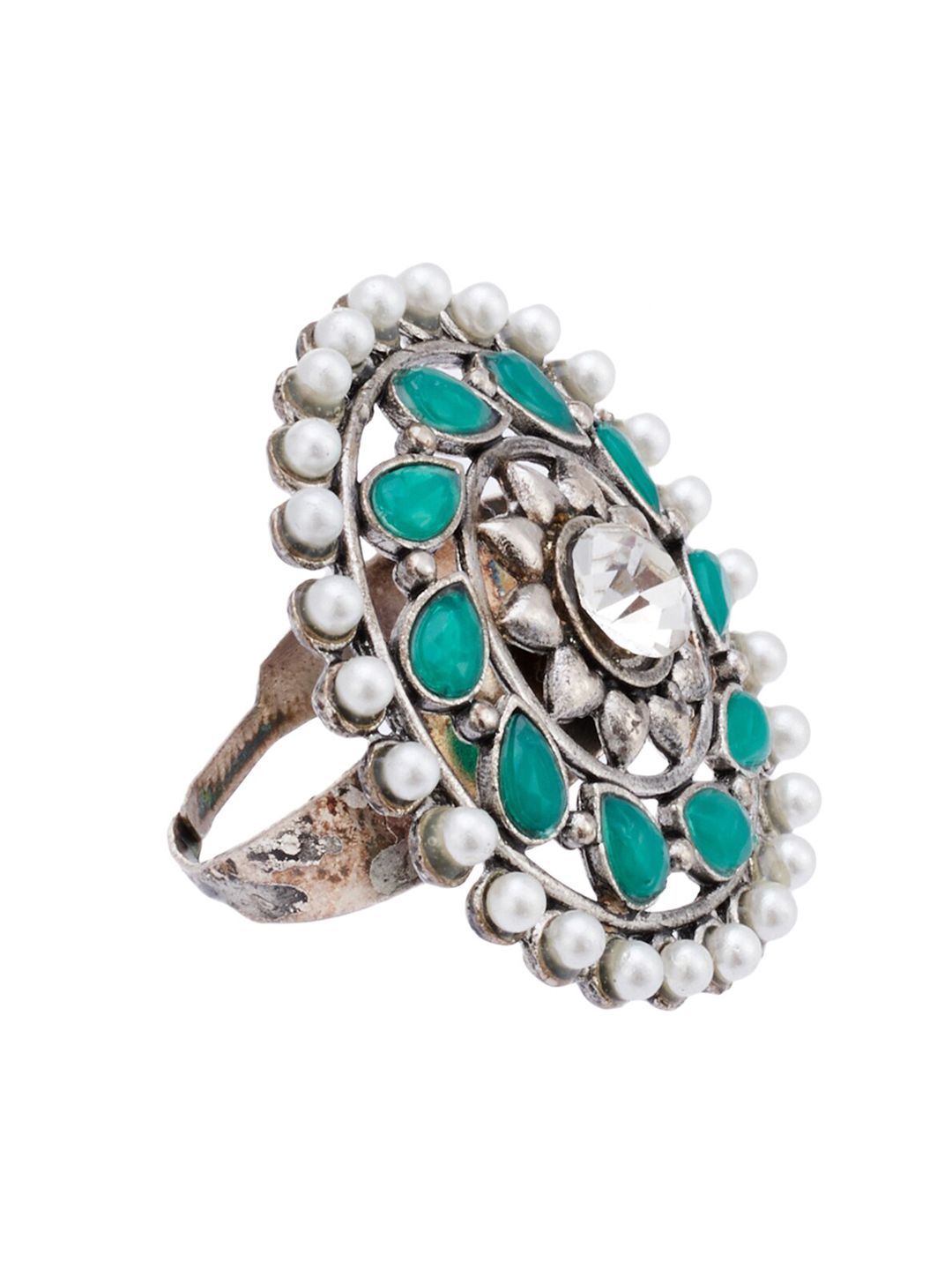 ATIBELLE  Set of 2 Silver Plated Stone-Studded Floral Shaped Adjustable Rings