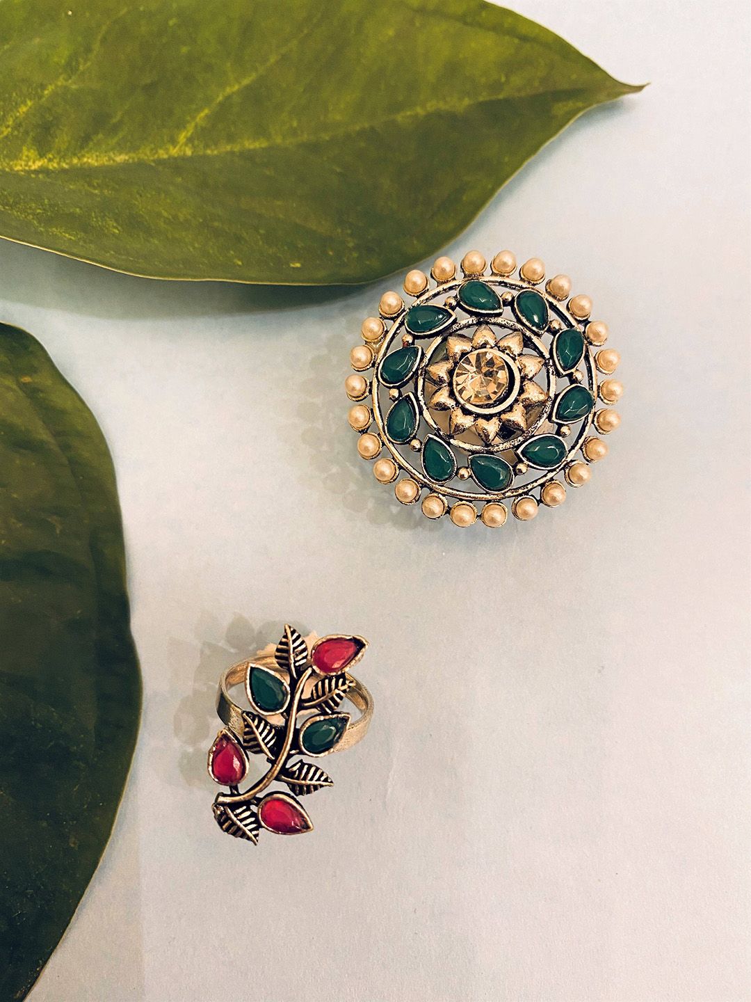 ATIBELLE  Set of 2 Silver Plated Stone-Studded Floral Shaped Adjustable Rings