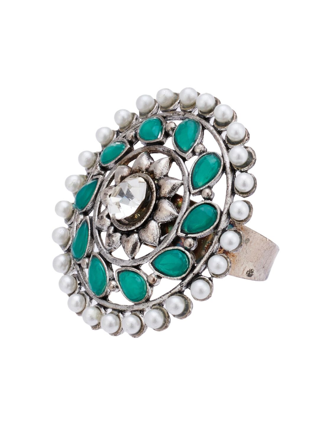 ATIBELLE  Set of 2 Silver Plated Stone-Studded Floral Shaped Adjustable Rings