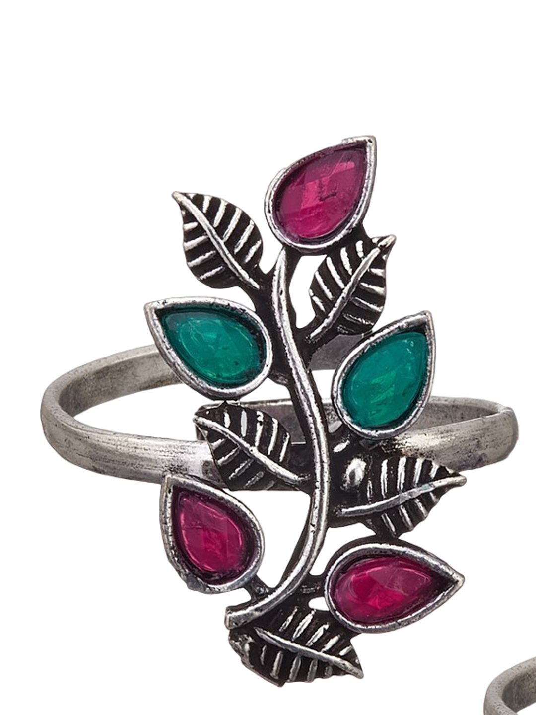 ATIBELLE  Set of 2 Silver Plated Stone-Studded Floral Shaped Adjustable Rings