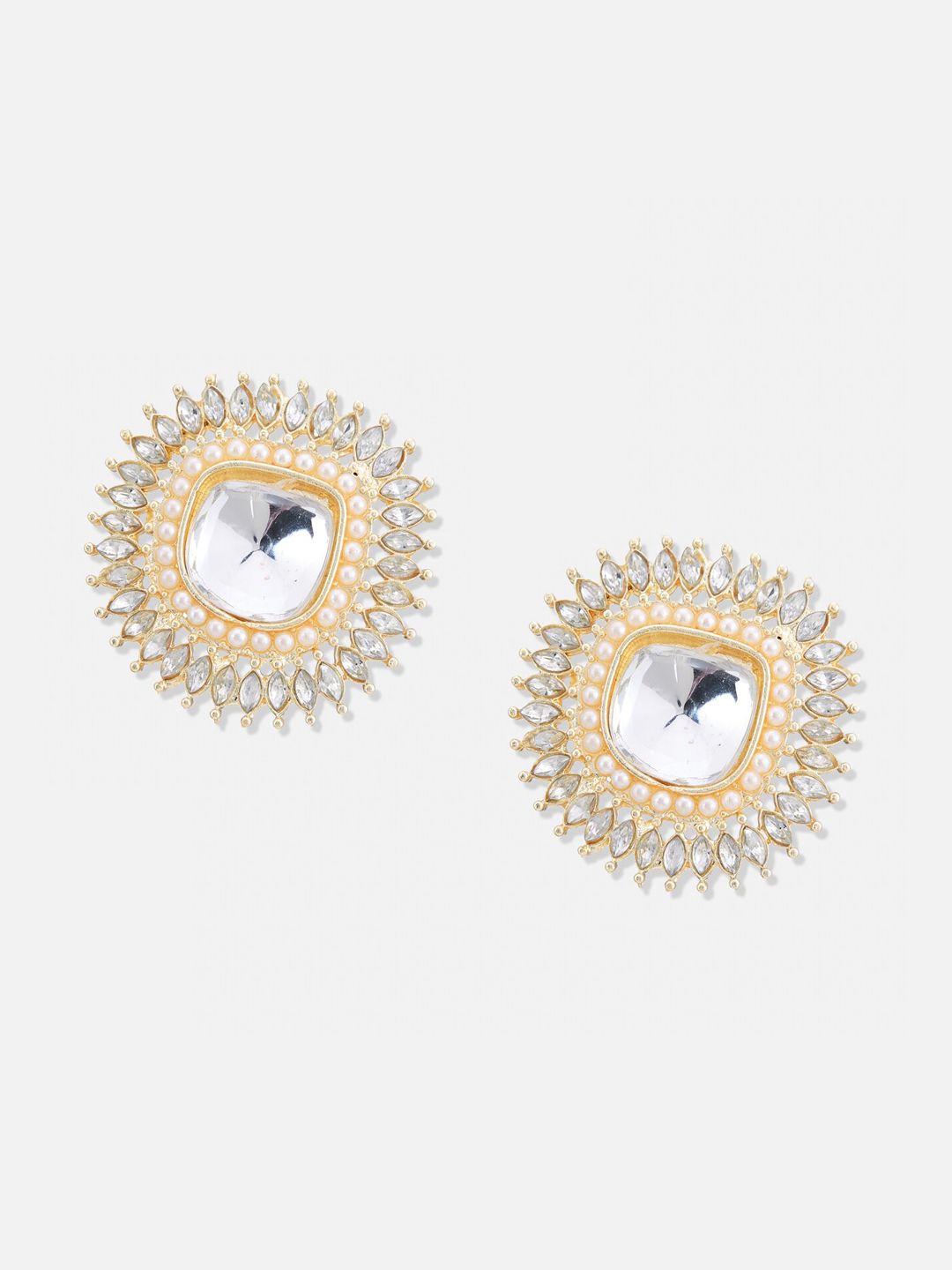 ATIBELLE Set Of 2 Gold Plated Kundan Stone Studded Floral Stud Earrings