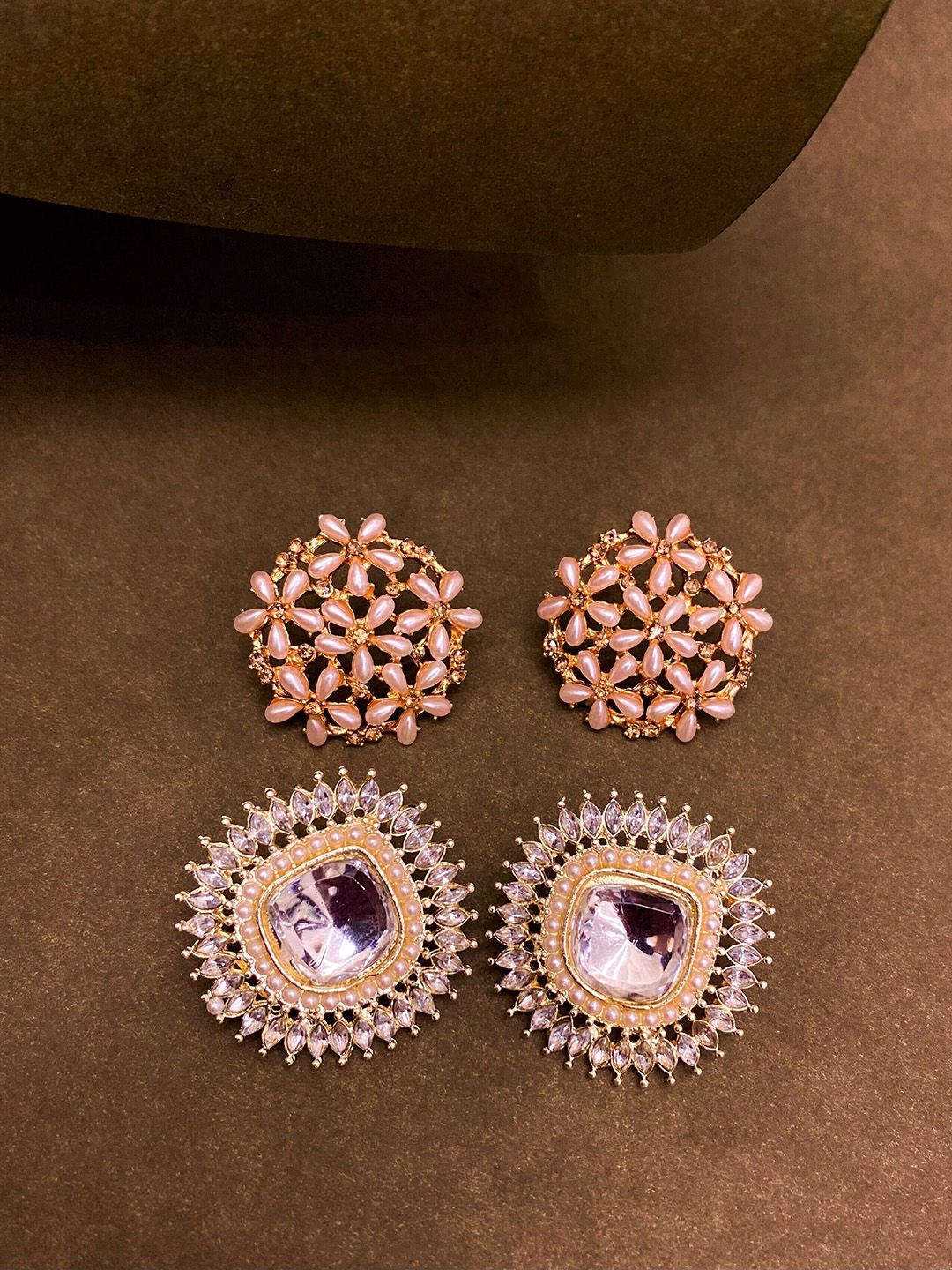 ATIBELLE Set Of 2 Gold Plated Kundan Stone Studded Floral Stud Earrings