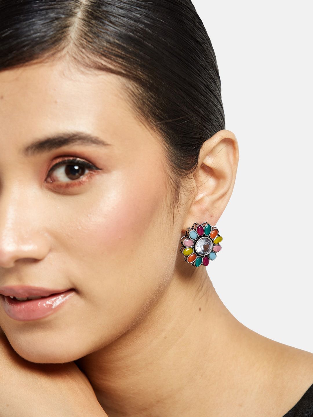 ATIBELLE Set Of 3 Silver-Plated Kundan-Studded Studs Earrings