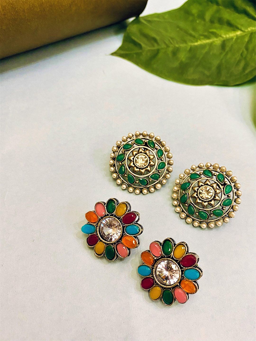 ATIBELLE Set Of 3 Silver-Plated Kundan-Studded Studs Earrings