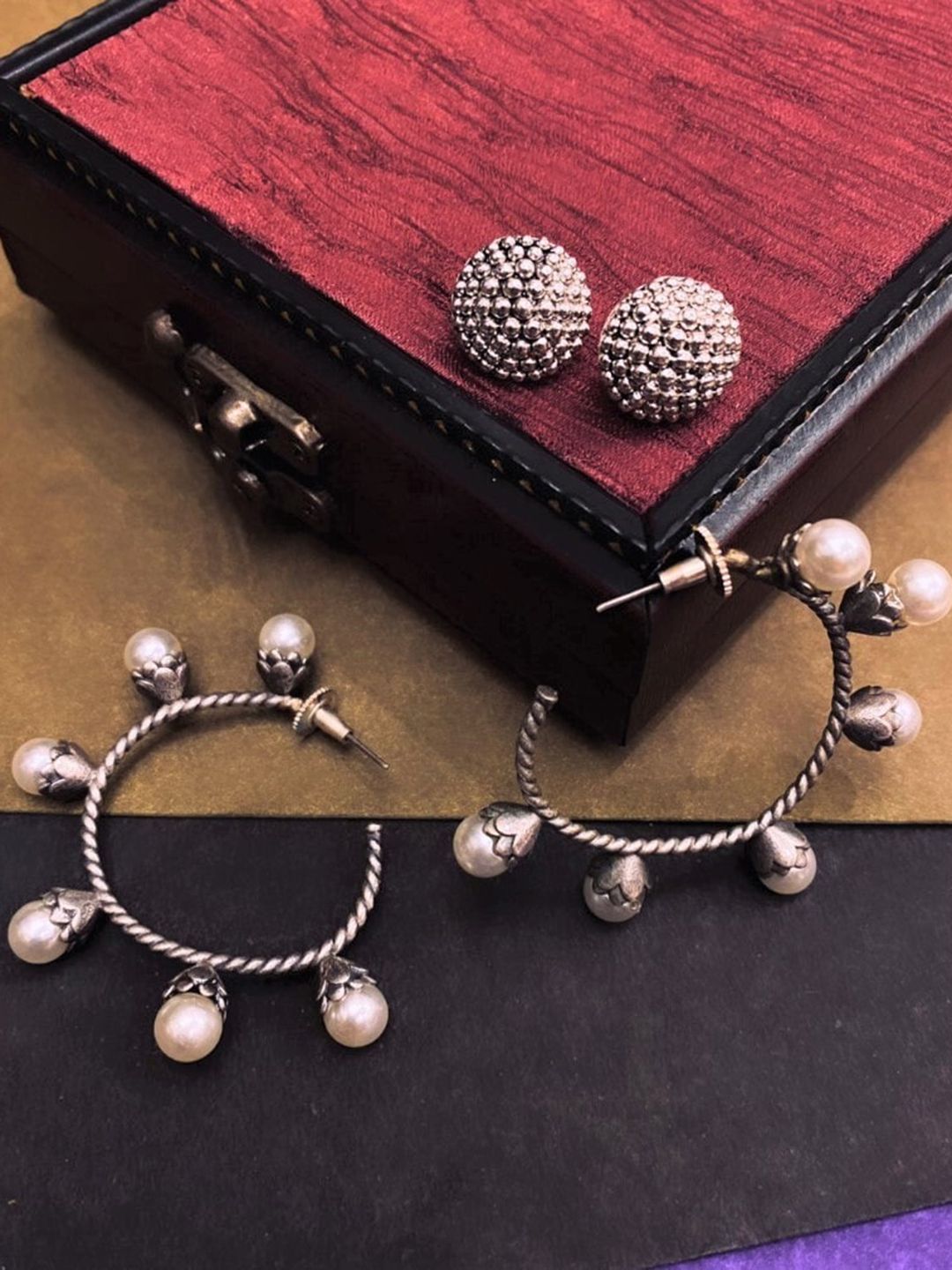 ATIBELLE Set Of 2 Silver-Toned Stud And Hoop Earrings