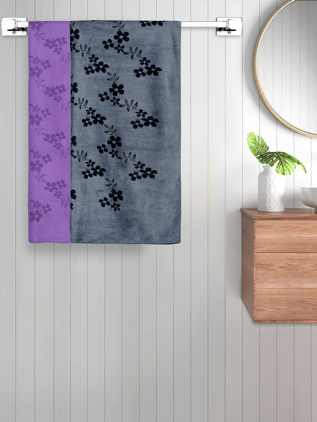 FABINALIV Grey & Purple 2-Pieces Prnted 420 GSM Cotton Bath Towels-image-12