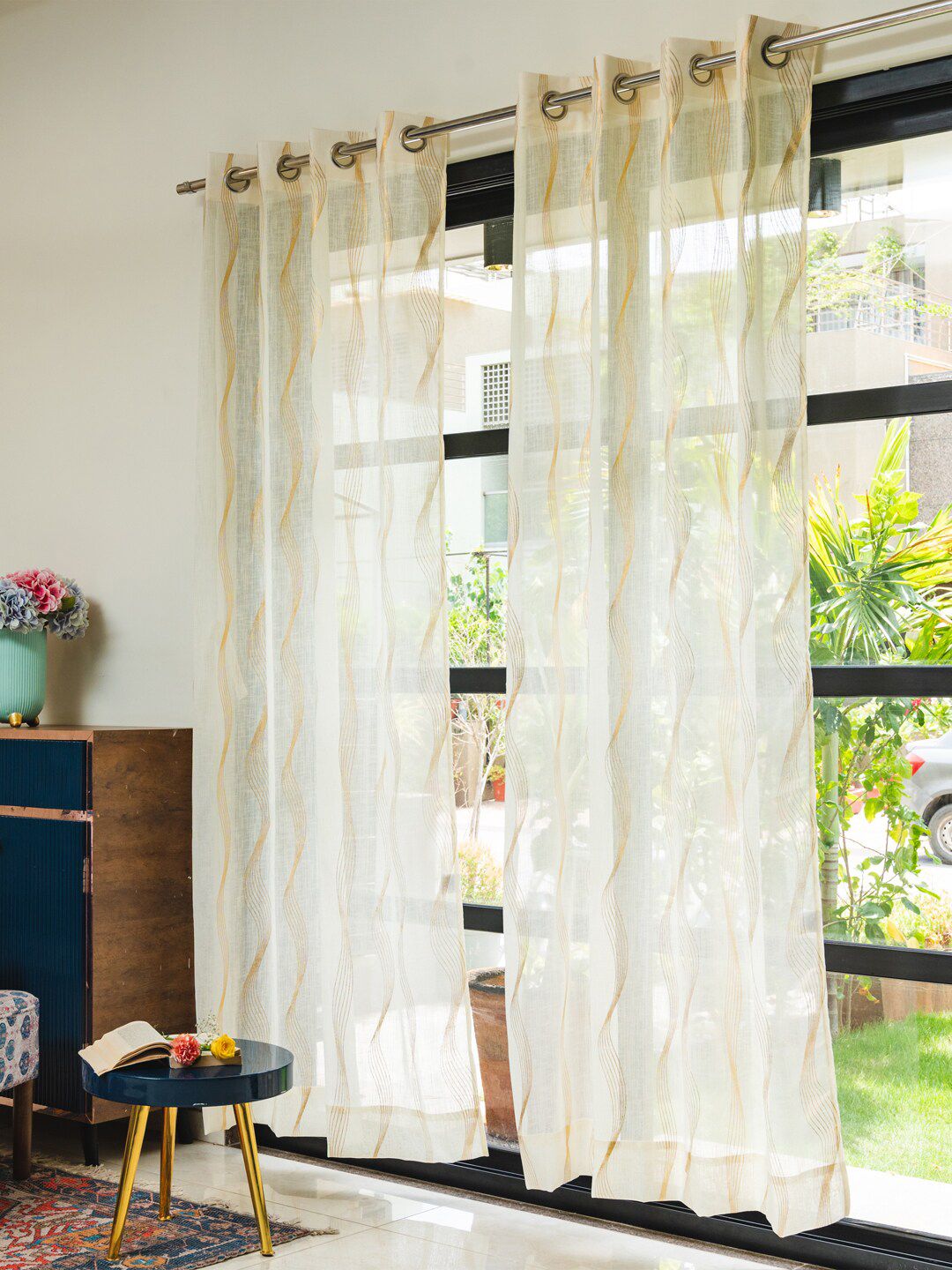 URBAN SPACE White & Gold-Toned 2 Pieces Geometric Printed Sheer Door Curtains-image-45