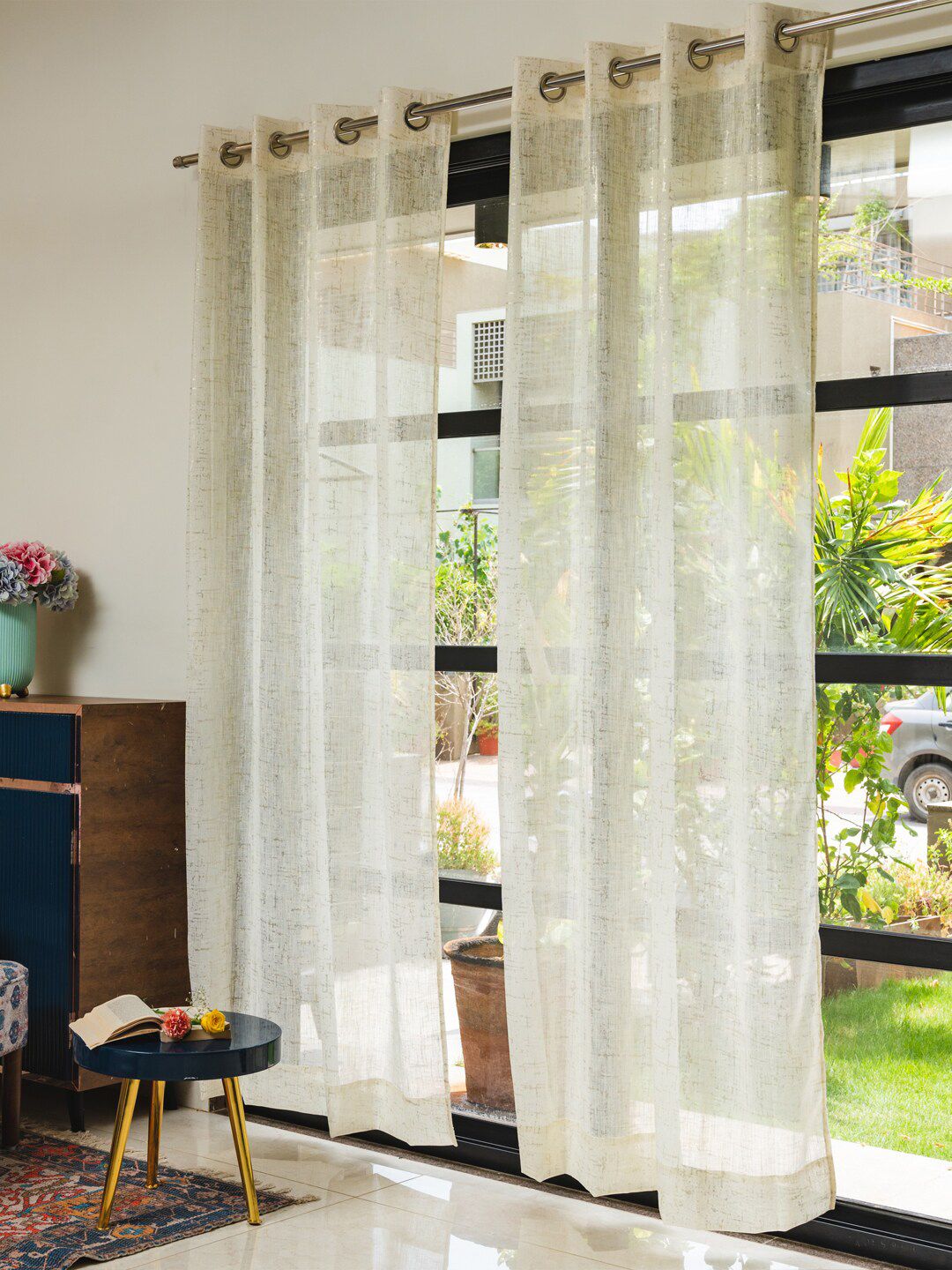 URBAN SPACE Cream-Coloured 2 Pieces Abstract Printed Sheer Long Door Curtains-image-22
