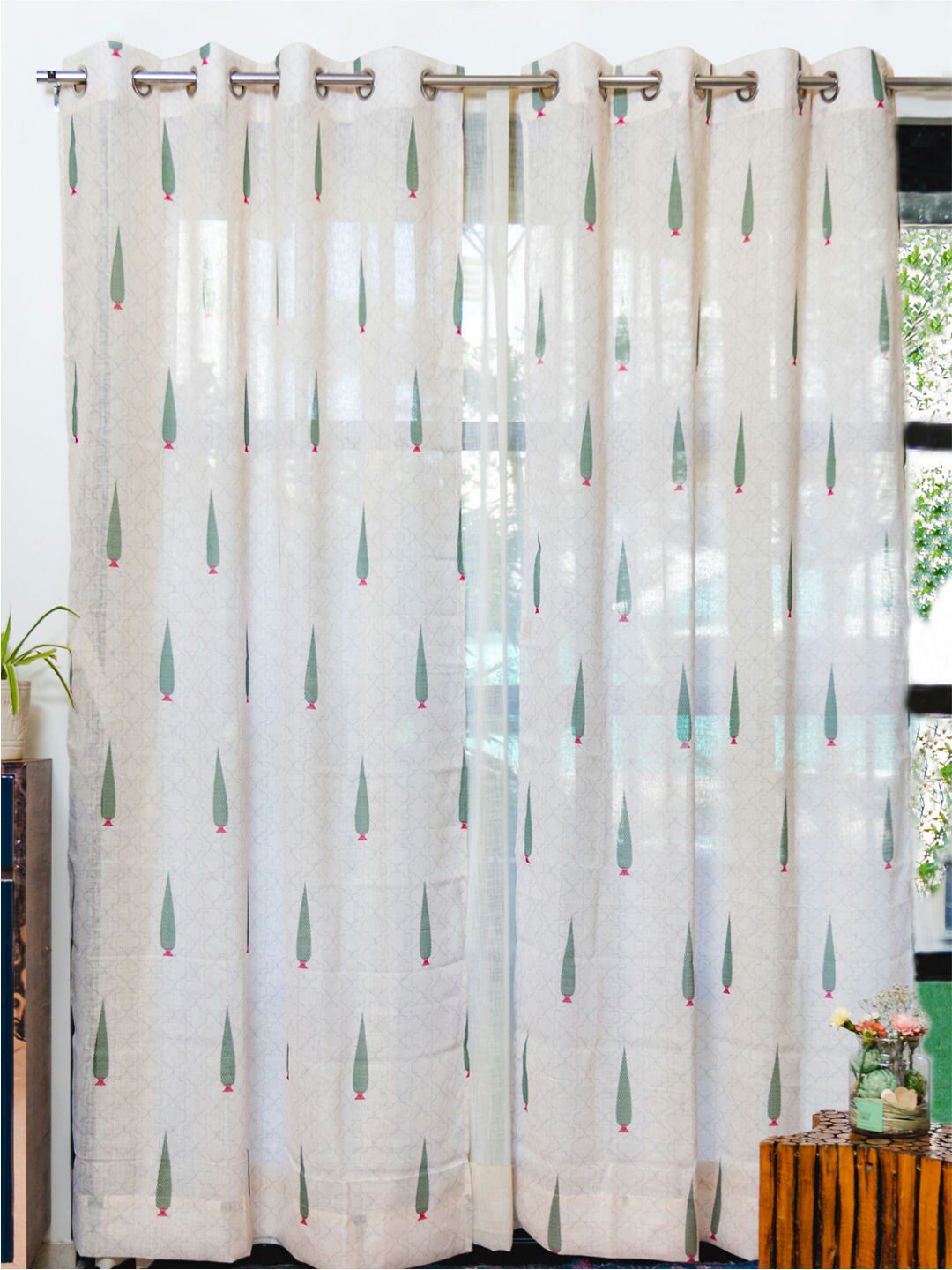 URBAN SPACE 2 Pieces White & Green Floral Sheer Door Curtain-image-7
