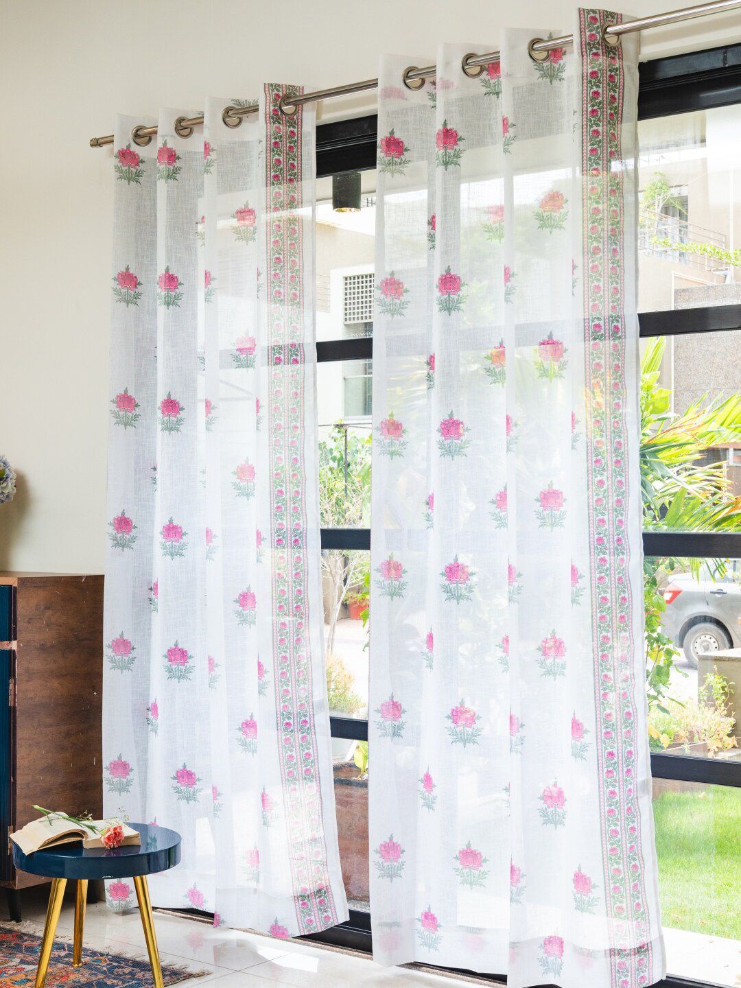 URBAN SPACE Pink & White 2 Pieces Floral Sheer Window Curtains-picture-17