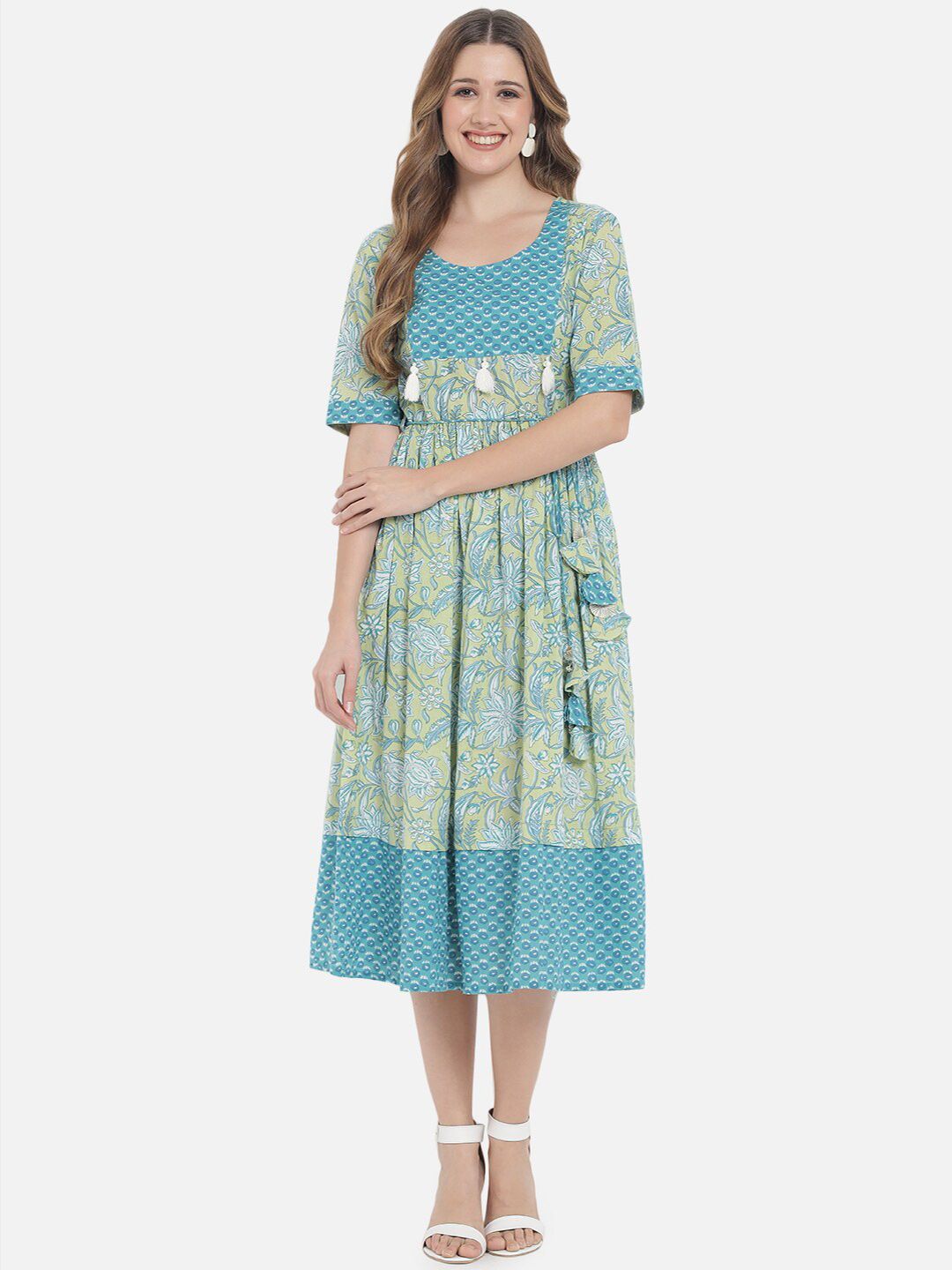 Meeranshi Floral Printed Taselled & Tie Up Fit & Flare Dress-picture-25