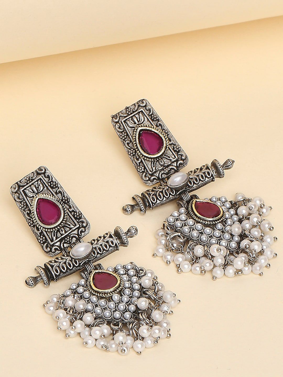 OOMPH Stone-Studded Beaded Oxidised Drop Earrings-picture-26