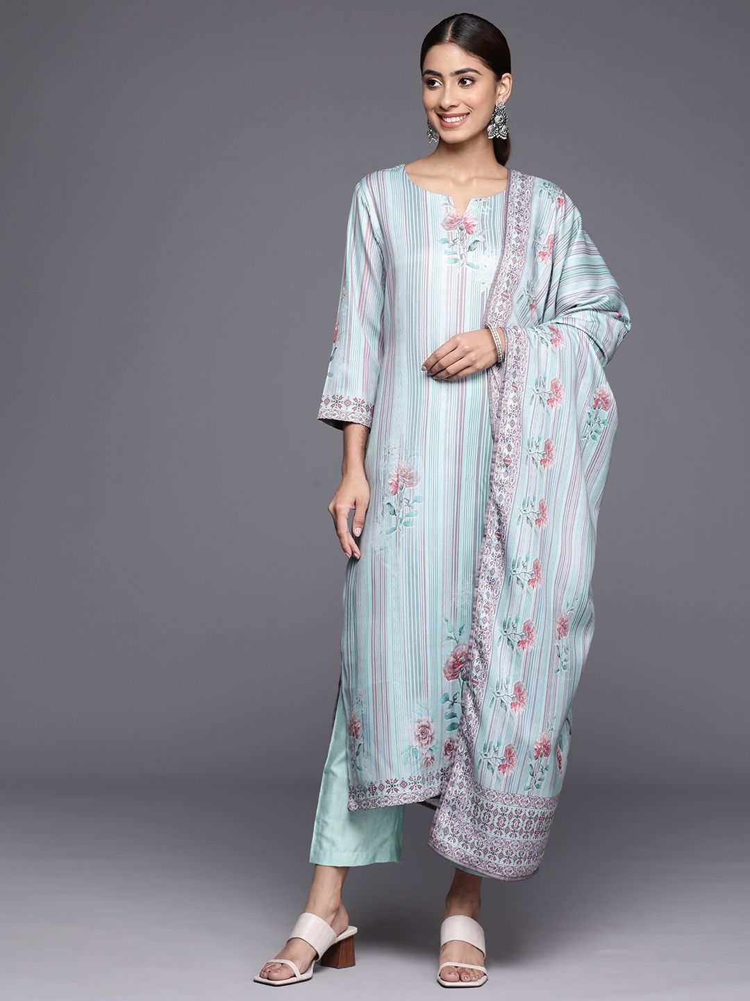 Varanga Women Striped Straight Wool Blend Kurta Paired with Trousers & Dupatta-picture-19