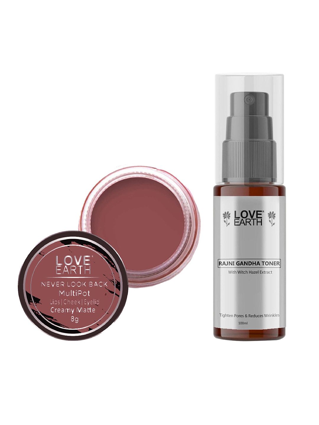 LOVE EARTH Multipot Lip-Cheek-Eyelid Tint 8g & Rajni Gandha Face Toner 100ml