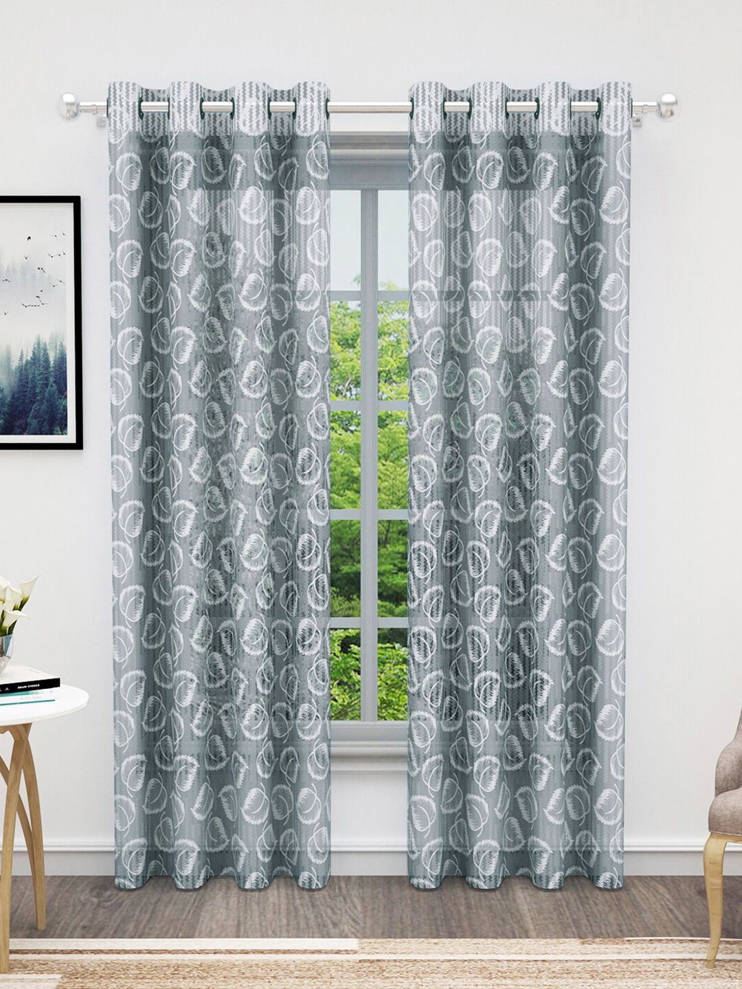 Bedspun Cosmo Grey & White 2 Pieces Floral Printed Sheer Door Curtains-picture-15