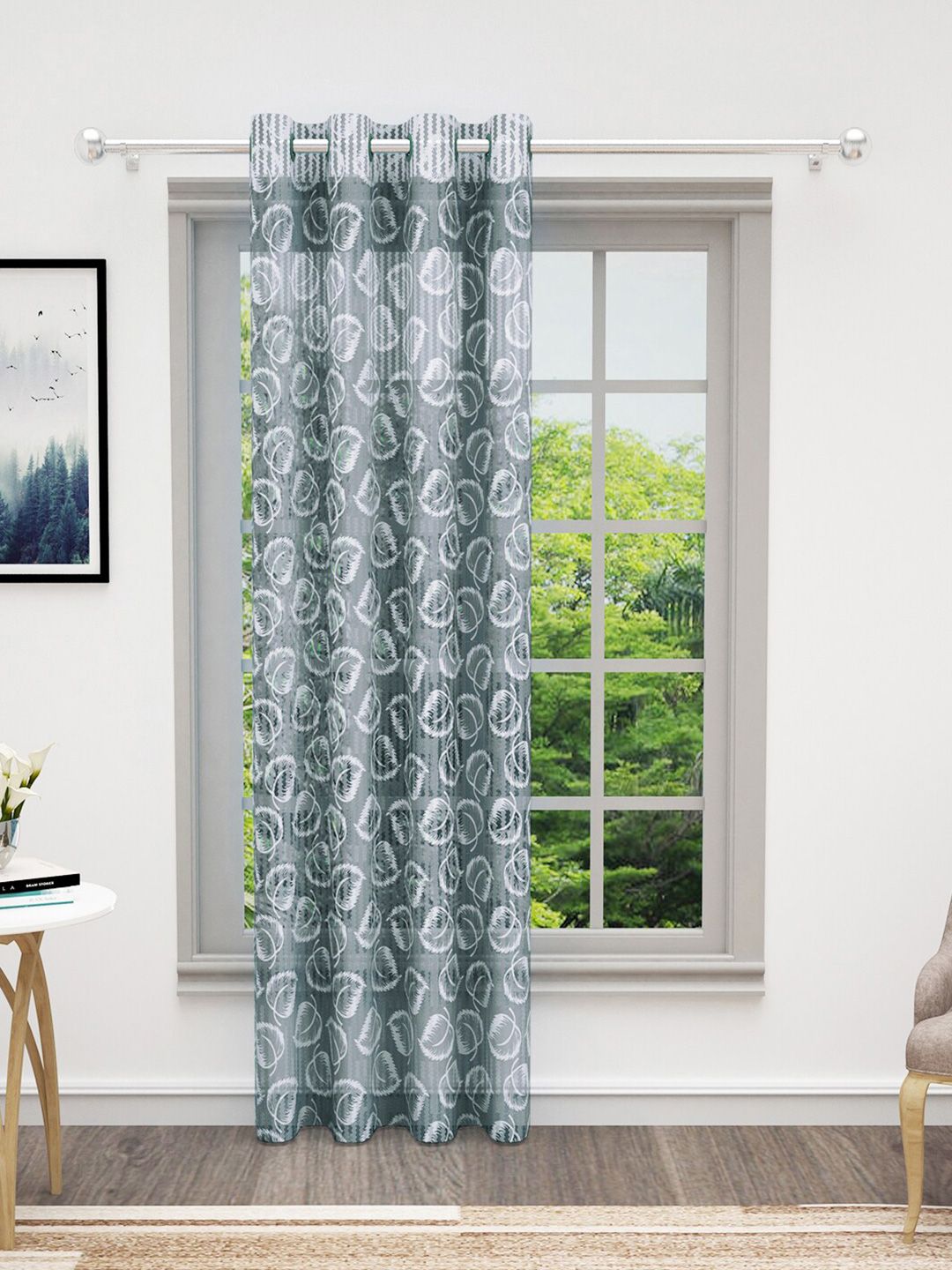 Bedspun Grey & White Floral Sheer Door Curtain-image-35