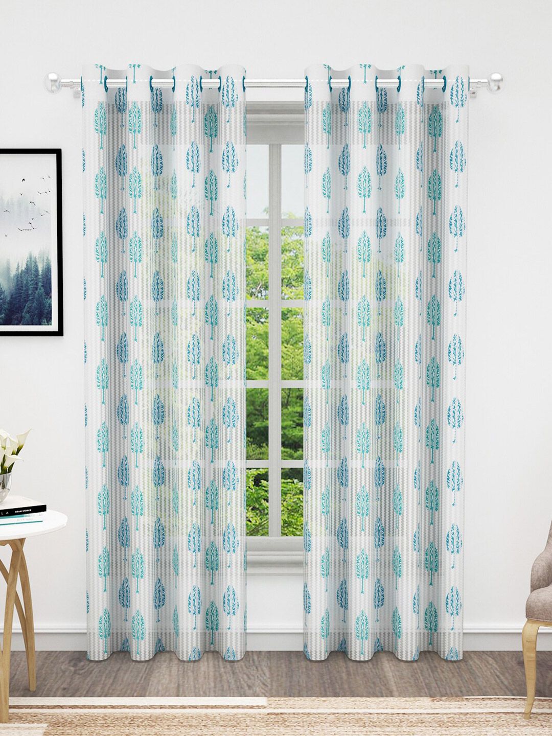Bedspun Cosmo White & Blue 2 Pieces Floral Sheer Door Curtains-picture-49