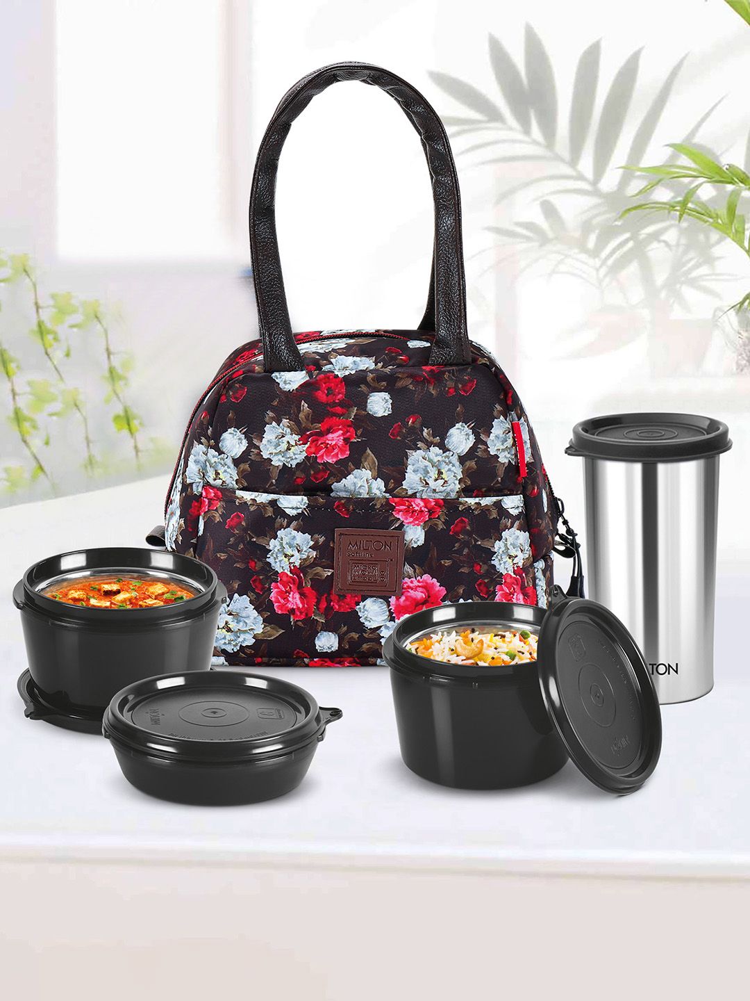 Milton Floret Tiffin 3 Inner Steel Container & Tumbler With Insulated Fabric Jacket Black