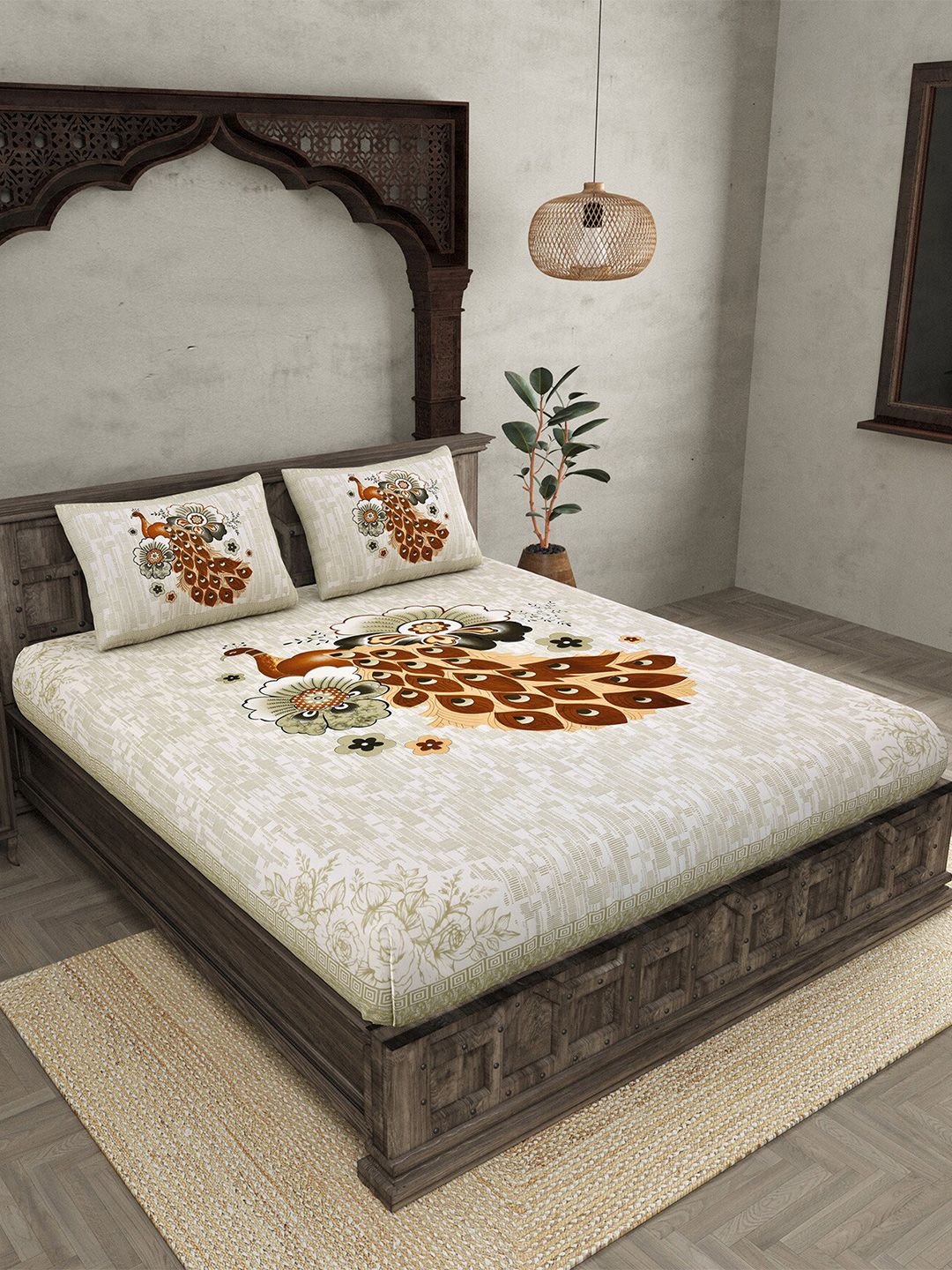 JAIPUR FABRIC Grey & Brown Printed Cotton 250 TC King Bedsheet with 2 Pillow Covers-picture-34