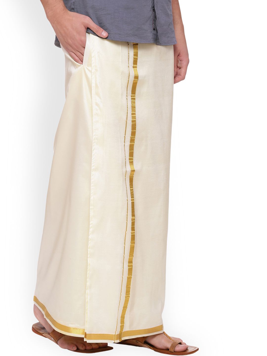 Sethukrishna Men Cream-Coloured Solid Double Layer Readymade Dhoti With Pocket-picture-23